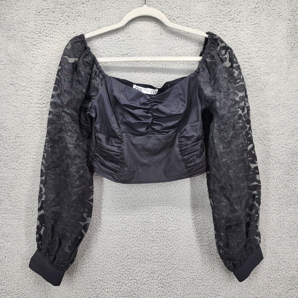 Zara Womens Black Ruched Leopard Lace Long Sleeve Crop Top Blouse Small